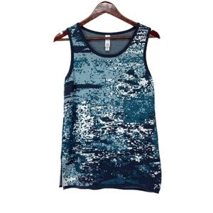 Marla Wynne Teal Pixelated Abstract Coast Sleeveless Knit Tank With Slit Hem